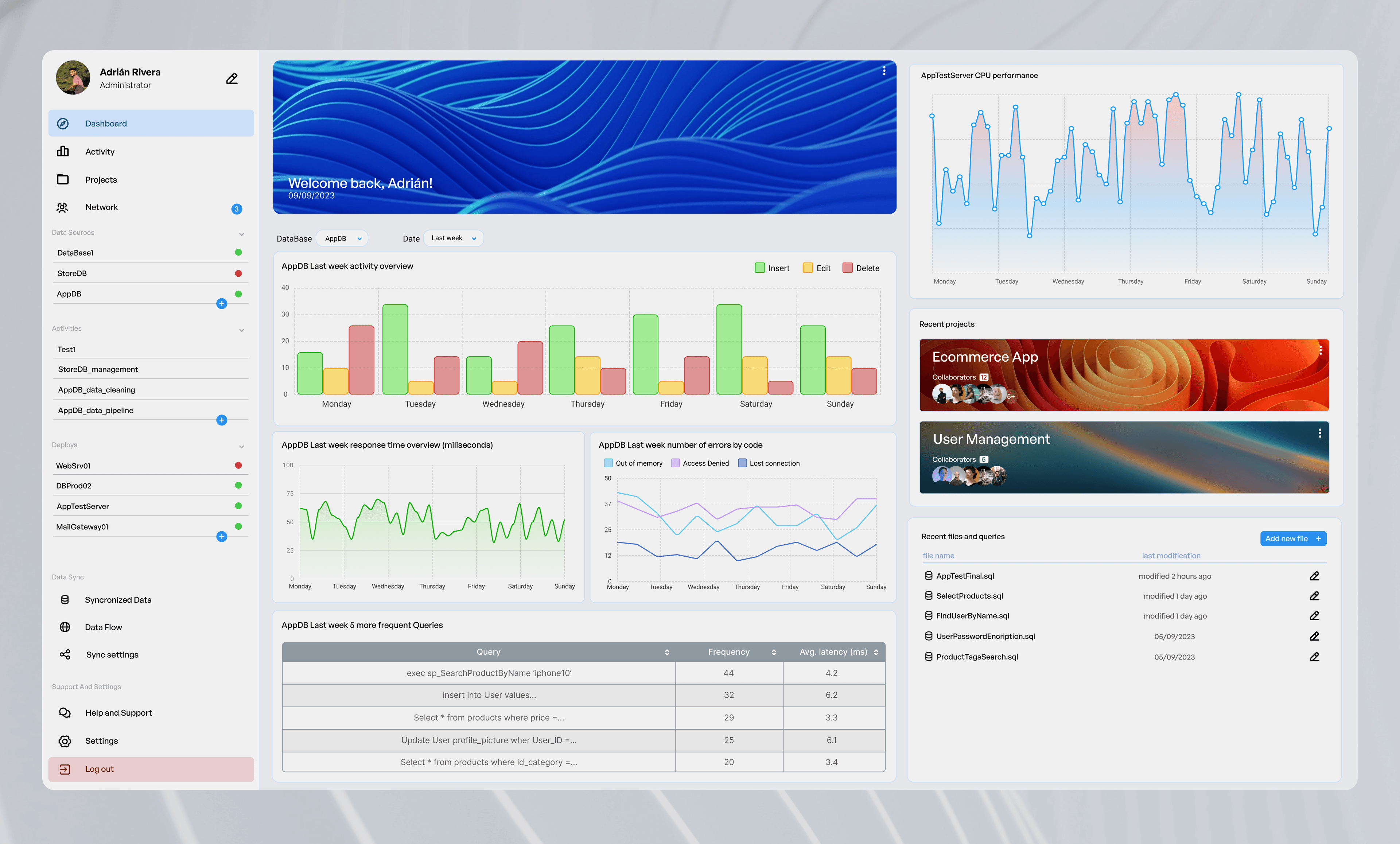 Admin dashboard interface in day mode with a clean data-focused layout.