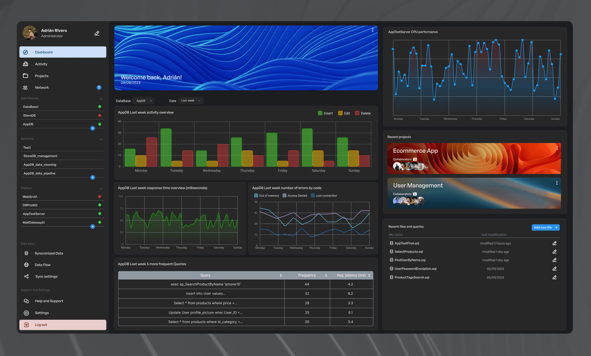 Admin dashboard interface in night mode with a modern dark data-focused layout.