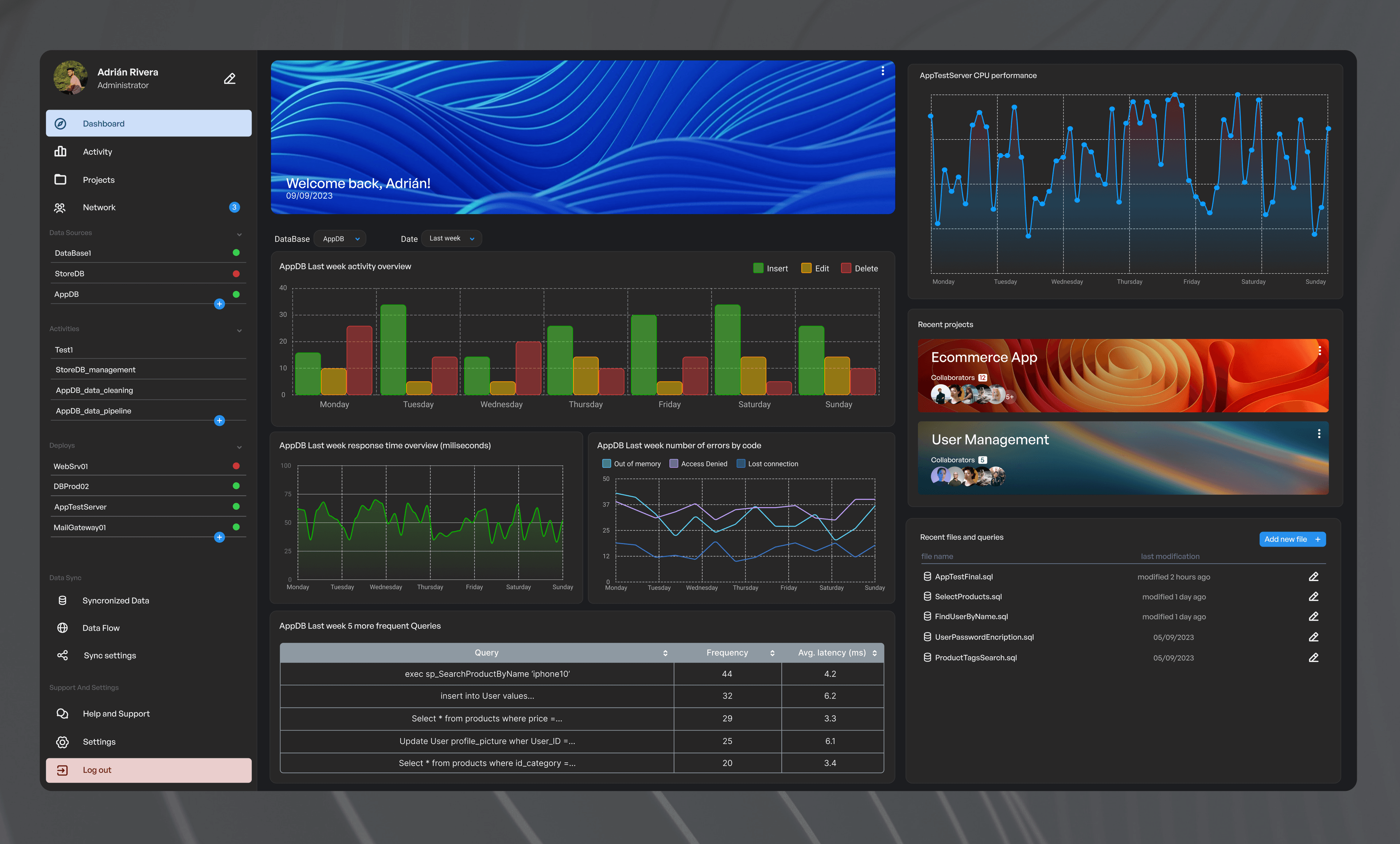 Admin dashboard interface in night mode with a modern dark data-focused layout.