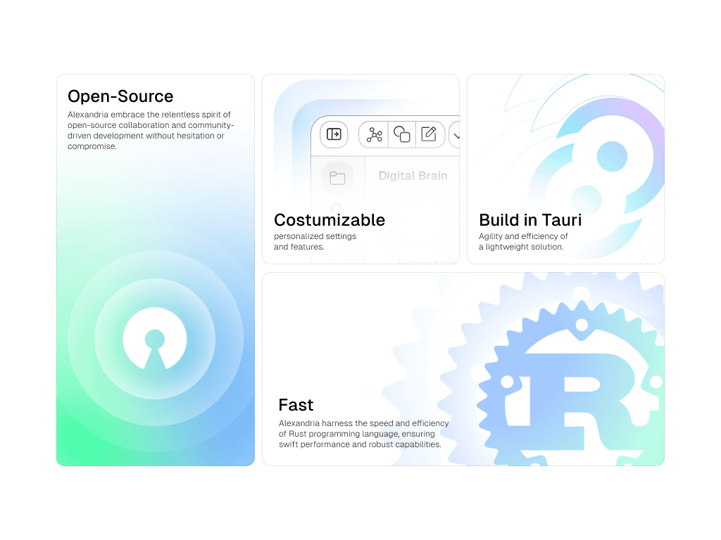 Alexandria portfolio bento layout with modular cards and a minimal editorial structure.