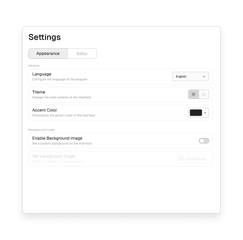 Alexandria settings modal design with clean controls and a minimal interface.