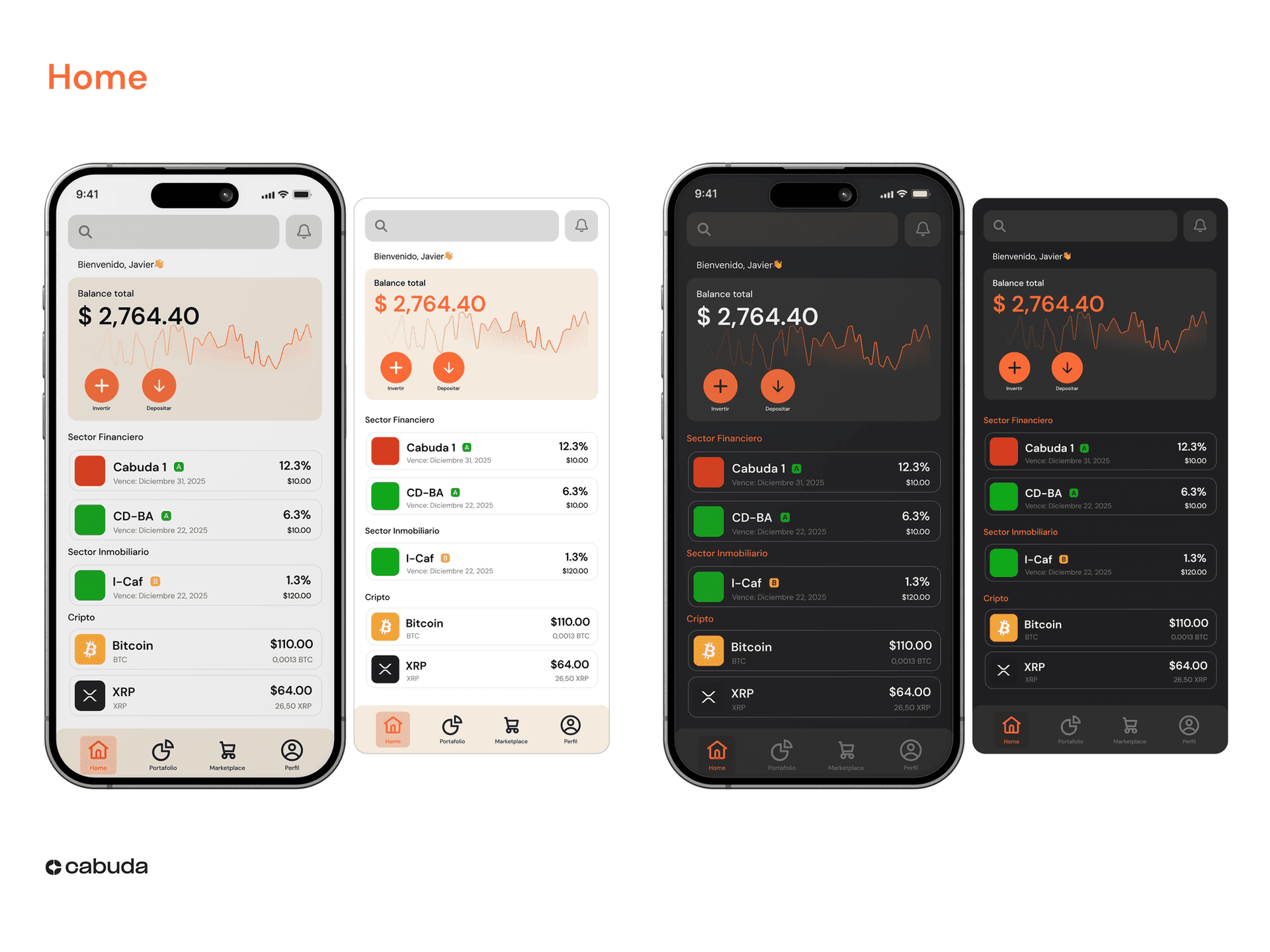 Cabuda mockup set showing multiple interface explorations and product presentations.
