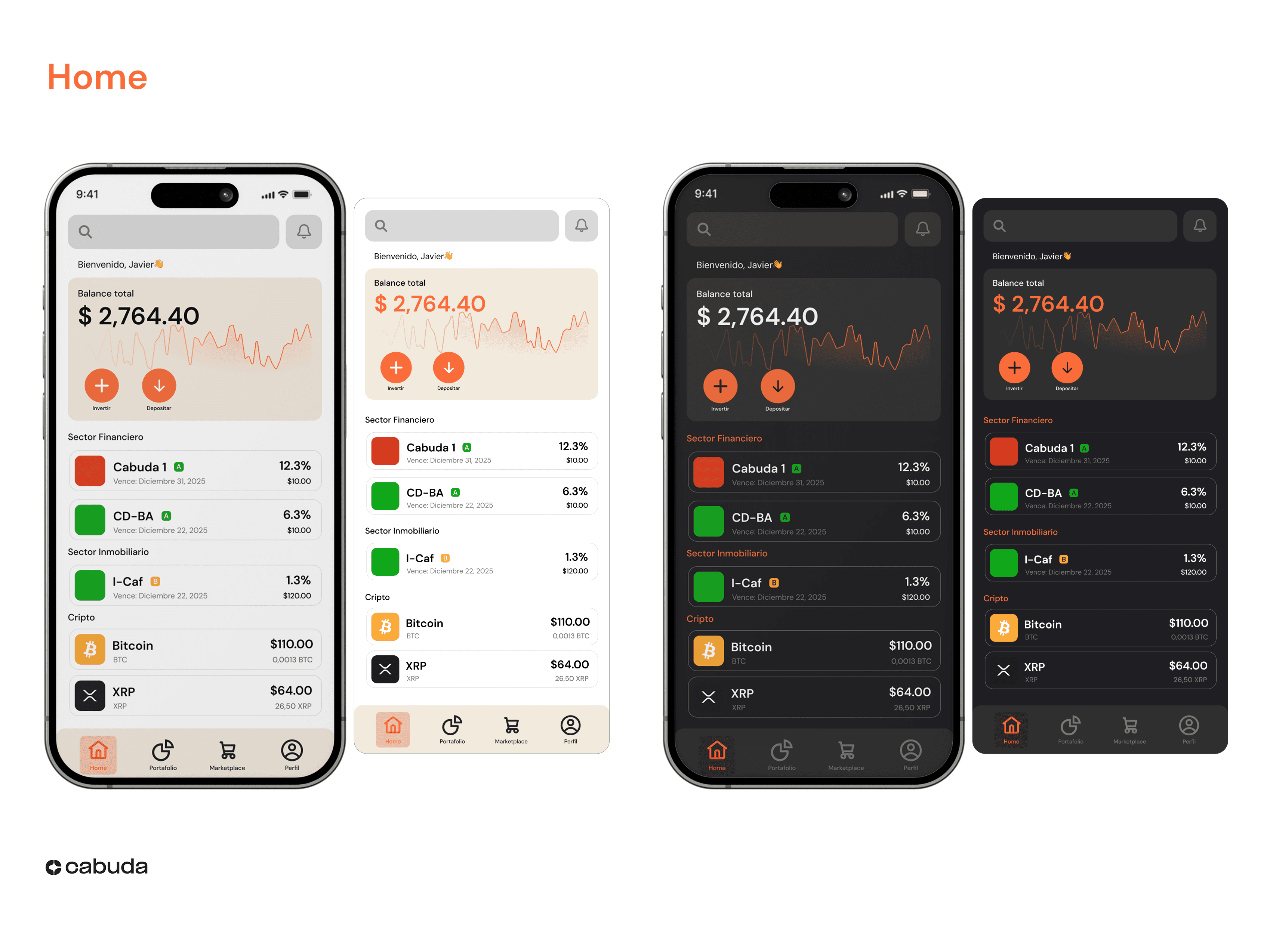 Cabuda mockup set showing multiple interface explorations and product presentations.