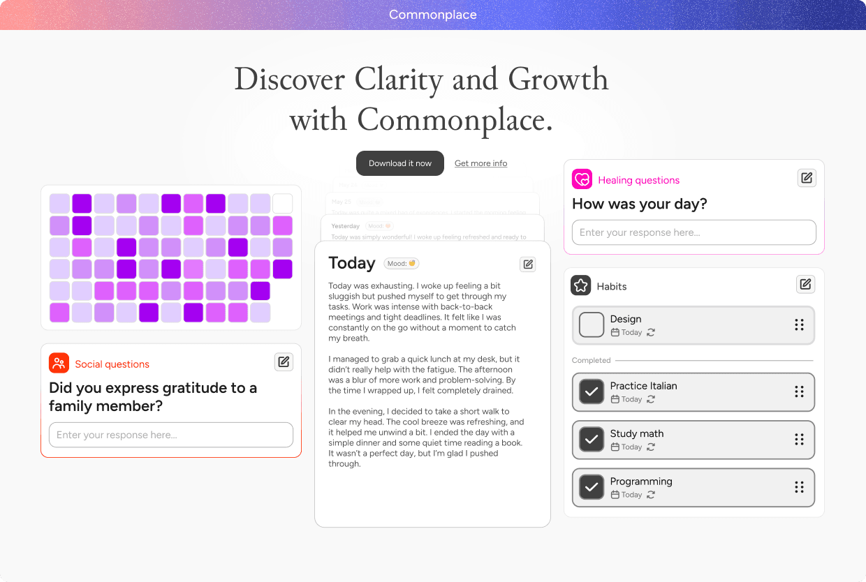 Commonplace landing page design with a soft editorial style and product storytelling layout.