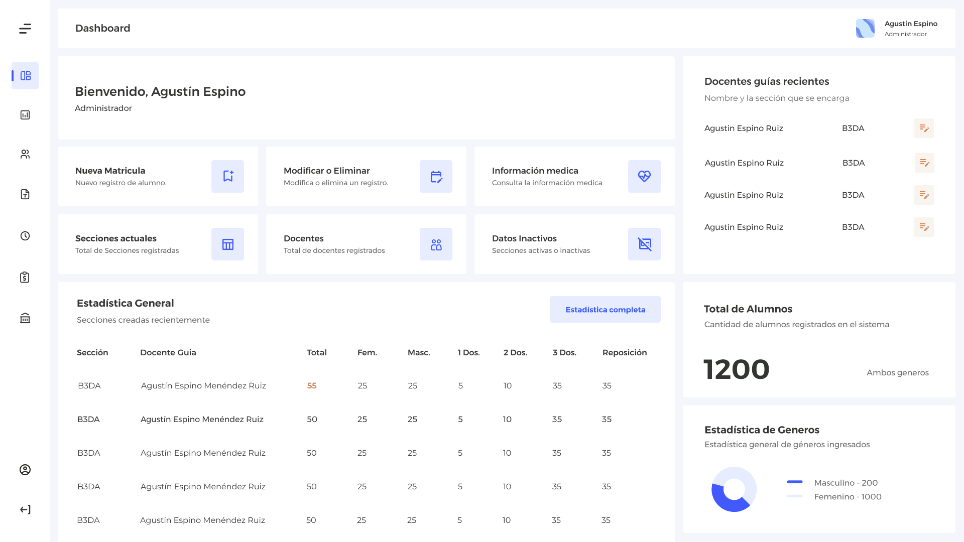 Student management dashboard with a structured administrative interface and clean data layout.